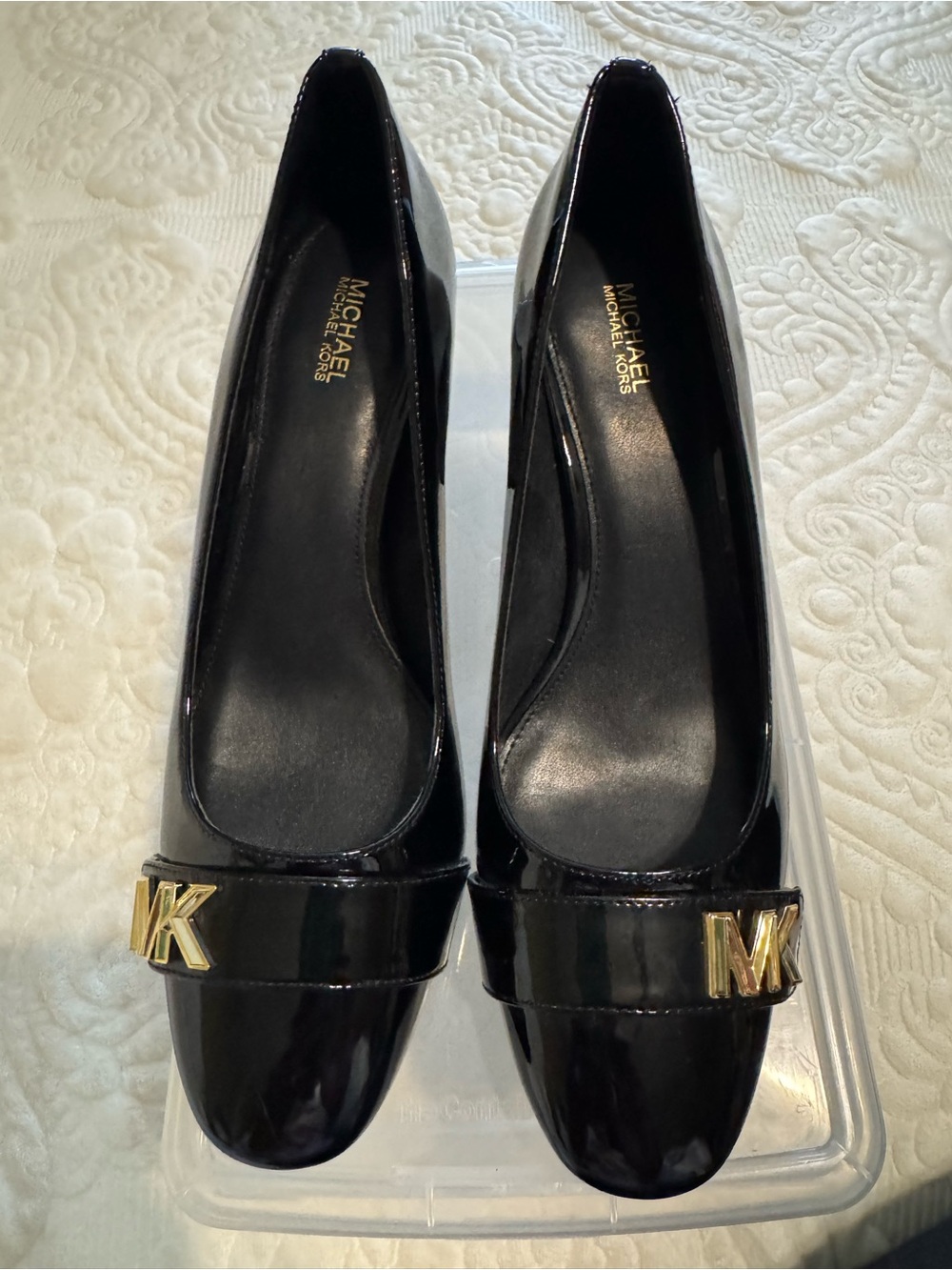 MICHAEL Kors Black Patent Leather Heels with Gold MK Accent - Size 9.5